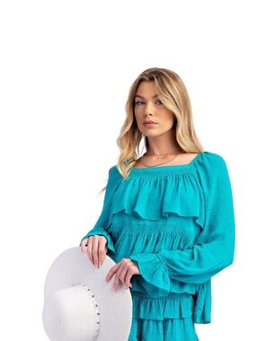 E1 POM POM GAUZE RUFFLED TOP